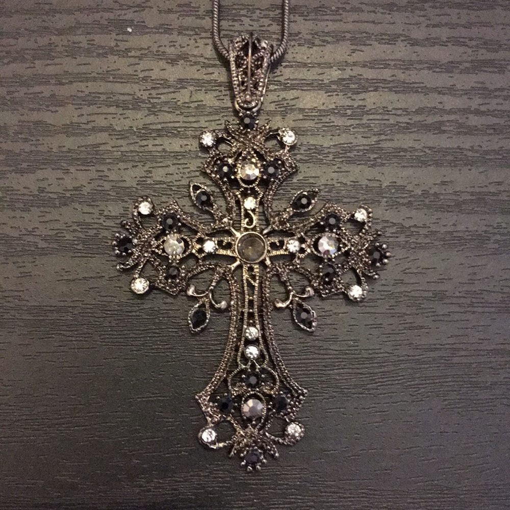 Black Cord Stainless Rhinestone Cross Necklace